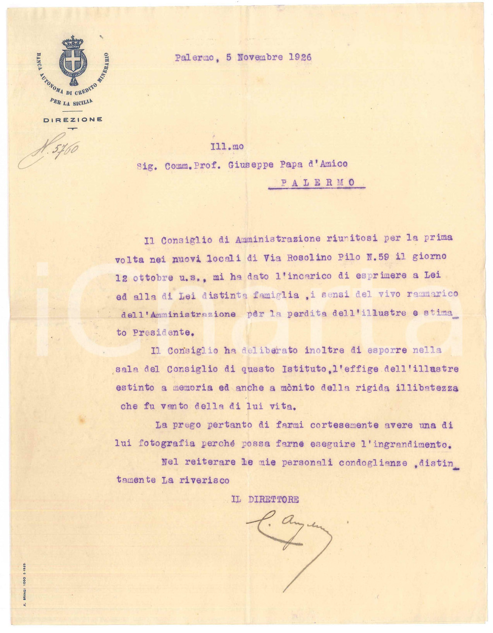 Documento originale, autentico 1926 PALERMO Banca Commerciale di Credito Minerario  Lettera direttore ANGELINI 1