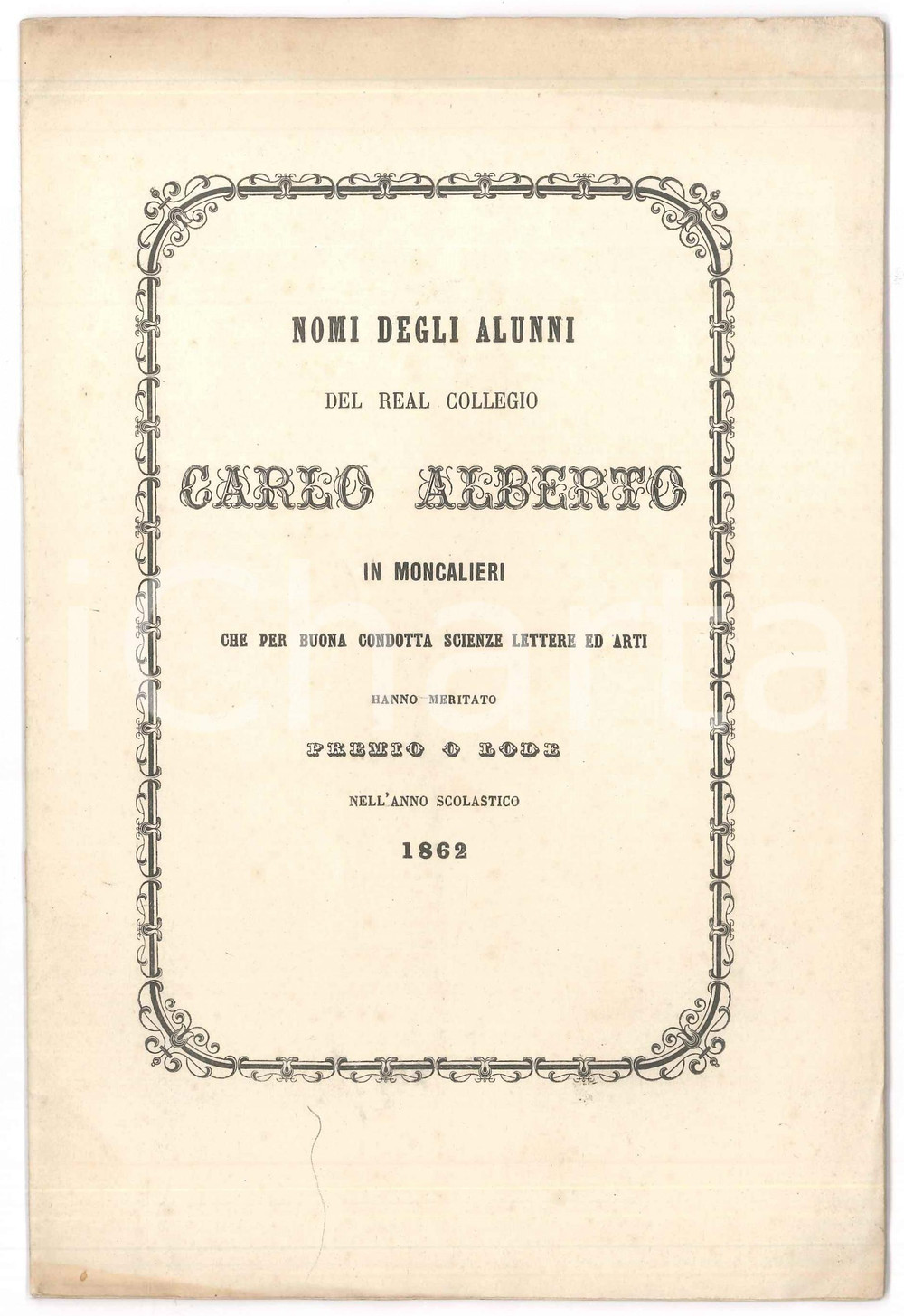 Libro, pubblicazione d epoca 1862 MONCALIERI Collegio CARLO ALBERTO  Elenco alunni premiati buona condotta 1