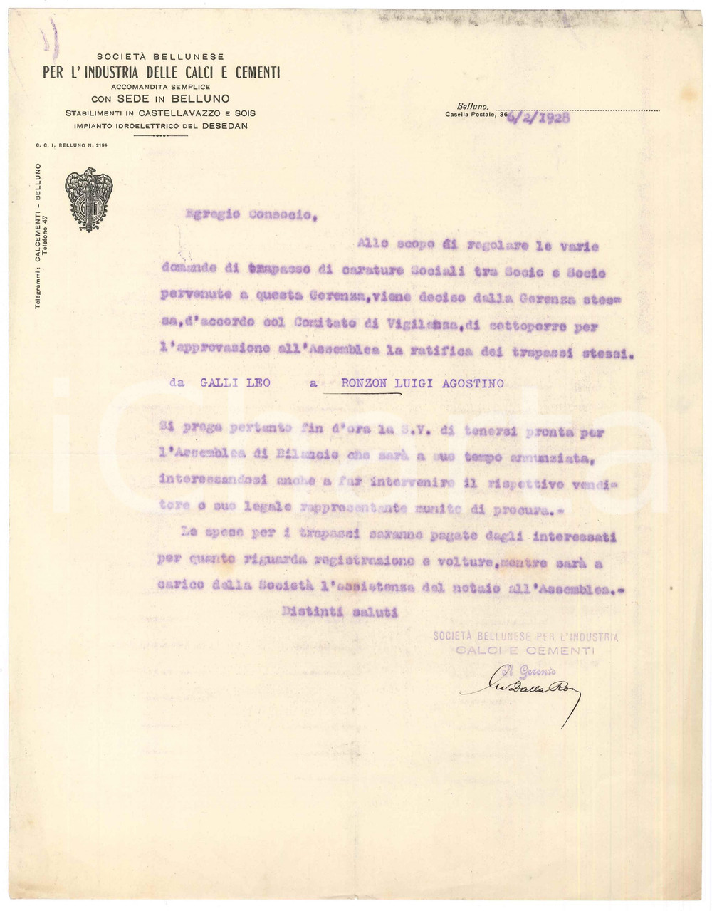 Documento originale, autentico 1928 BELLUNO SocietÃ  Industria Calci e Cementi Lettera trapasso soci 1