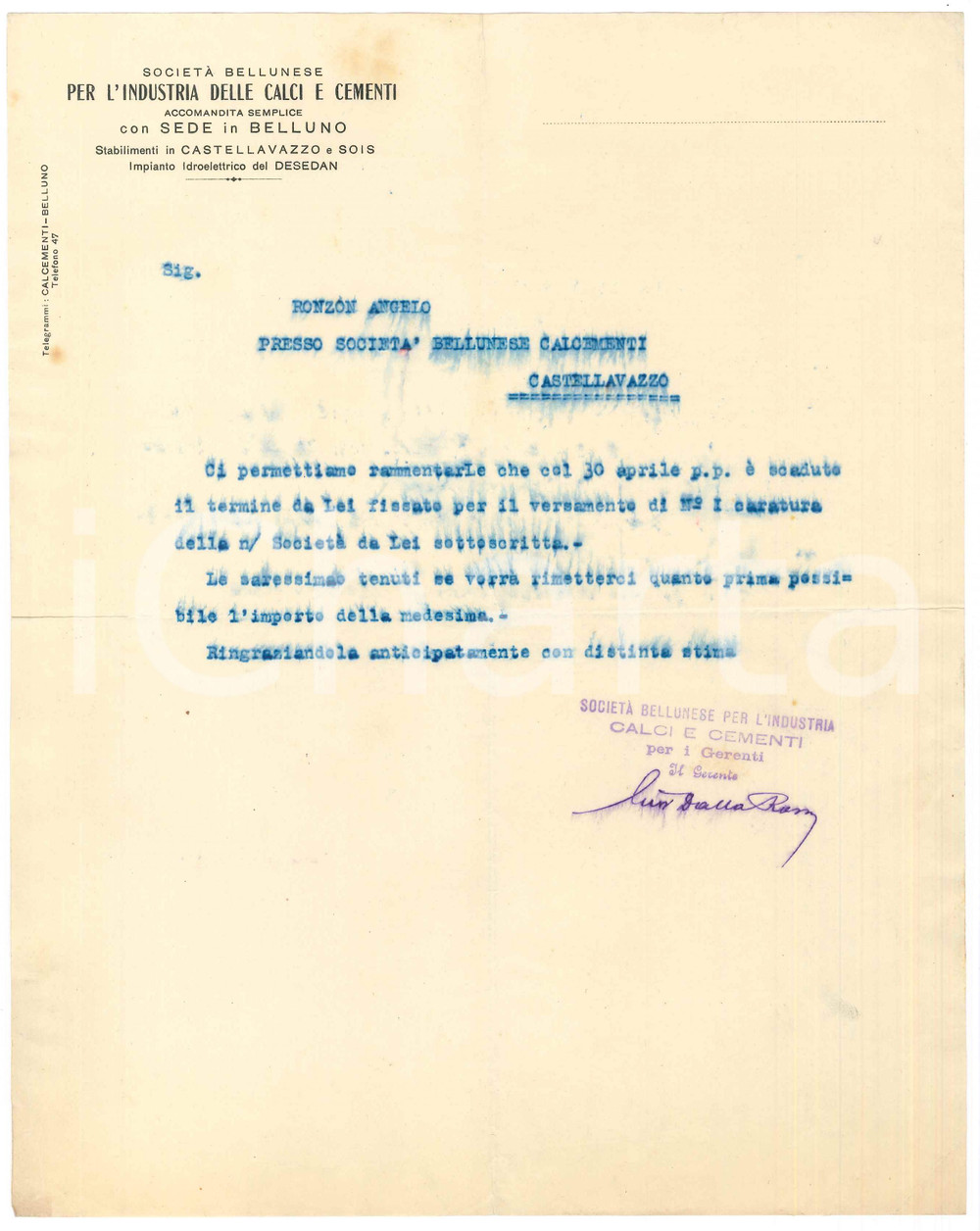 Documento originale, autentico 1930 ca BELLUNO SocietÃ  Industria Calci e Cementi Lettera commerciale 1
