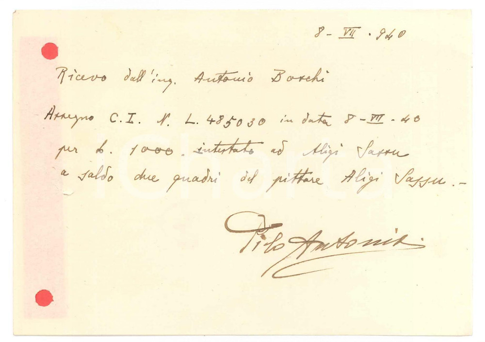 Documento originale, autentico 1940 MILANO Ricevuta per saldo di due quadri di Aligi Sassu 1