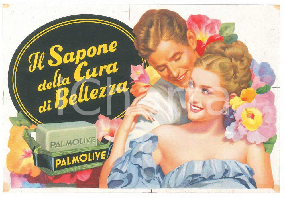 Materiale pubblicitario d’epoca 1950 ca PALMOLIVE Il sapone della cura di bellezza  Stampa pubblicitaria 24x16 1