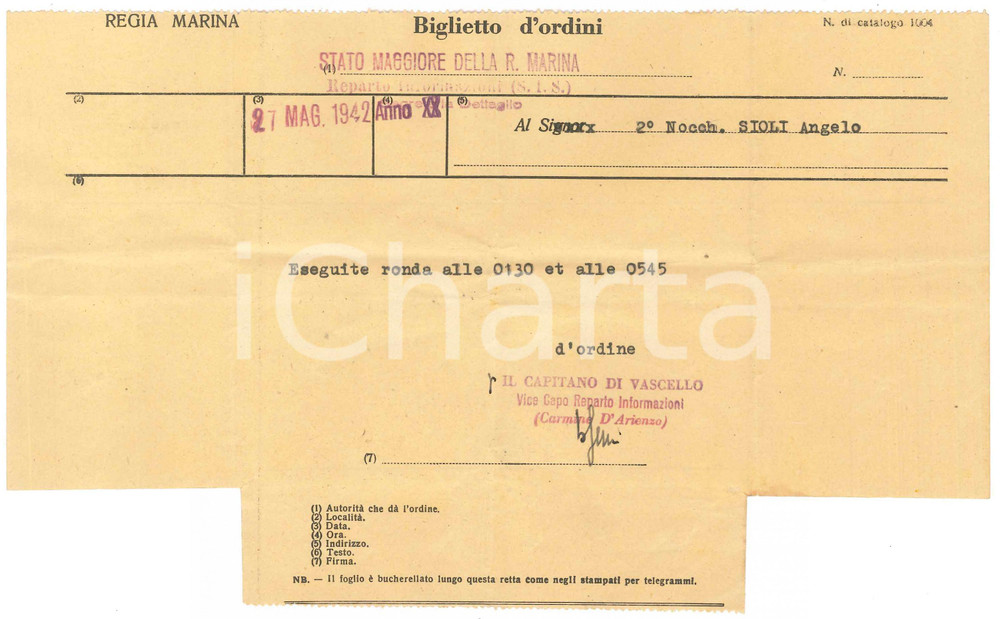 Documento originale, autentico 1942 WW2 REGIA MARINA Biglietto d ordini ronda notturna al nocchiero SIOLI 1
