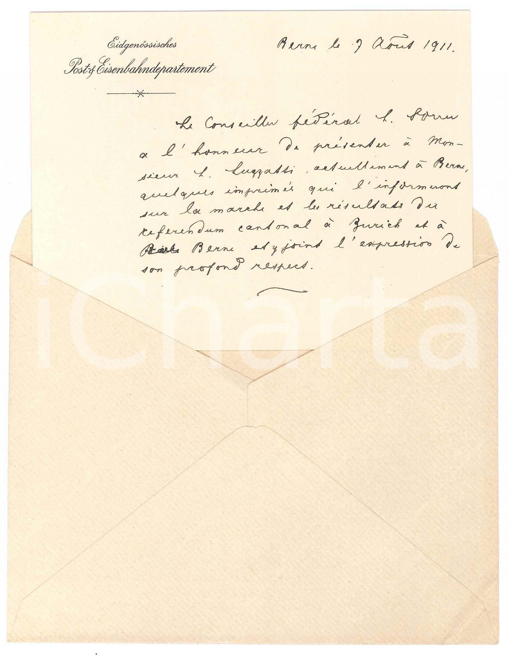 Oggetto da collezione cartaceo 1911 BERNA CH EidgenÃ¶ssische Post & Eisenbahndepartement  Biglietto 1