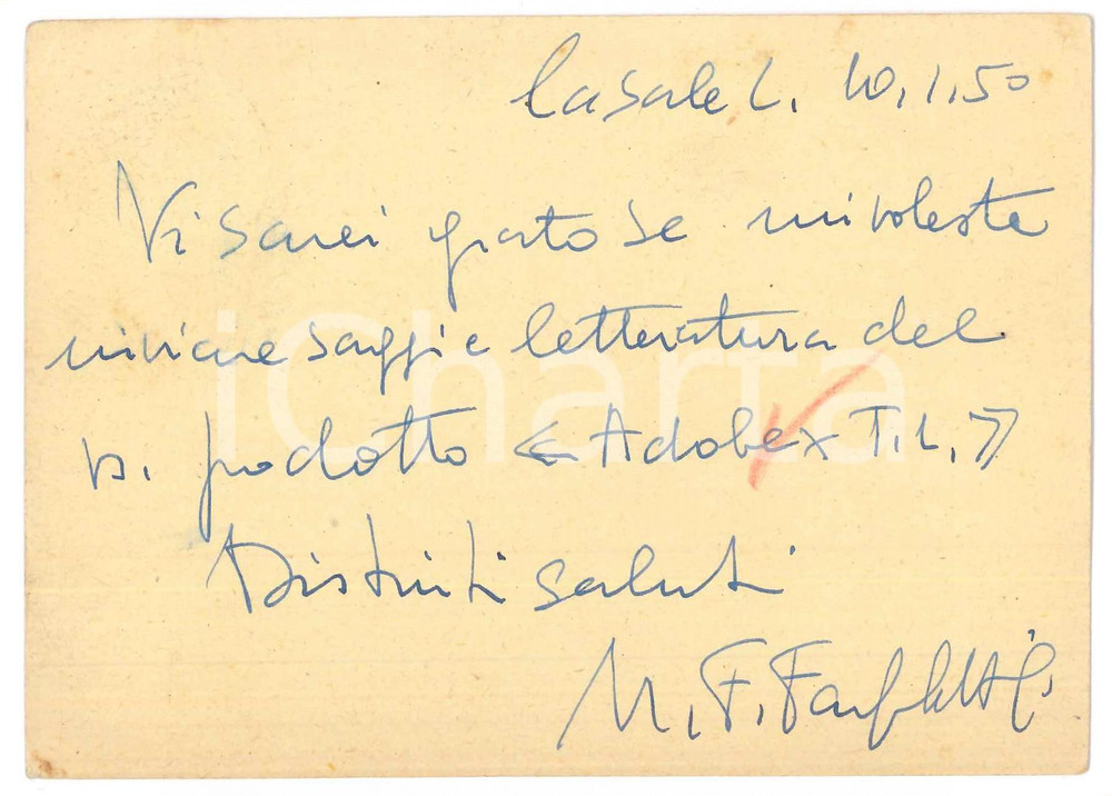 Autografo originale 1950 CASALE LITTA VA Cartolina Federico FARFALETTI CASALI medico Autografo 1