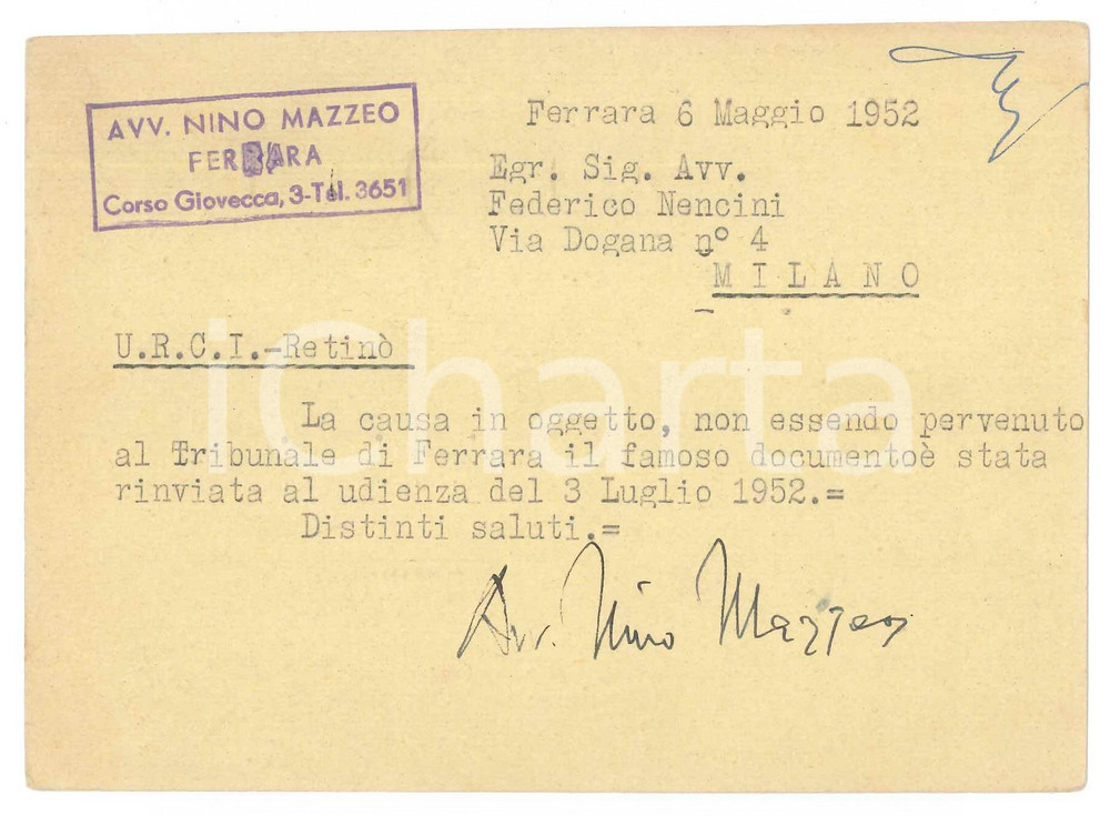 Autografo originale 1952 FERRARA Cartolina avv. Nino MAZZEO a un collega Autografo 1