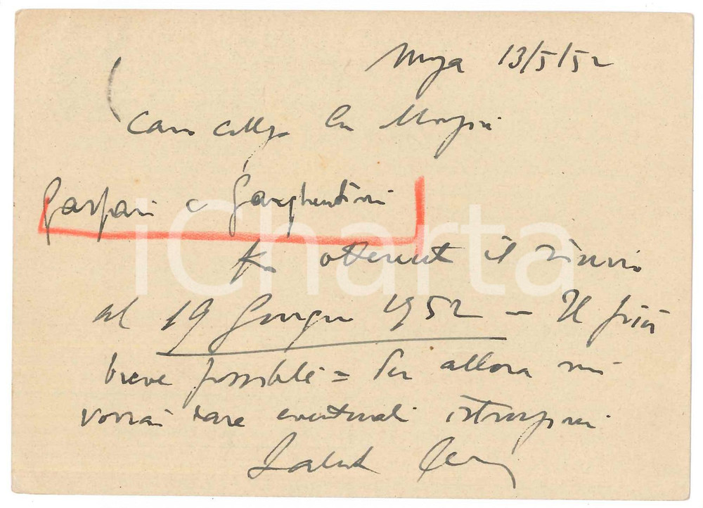 Autografo originale 1952 MONZA Cartolina avv. Davide Mario ARATA a un collega Autografo 1