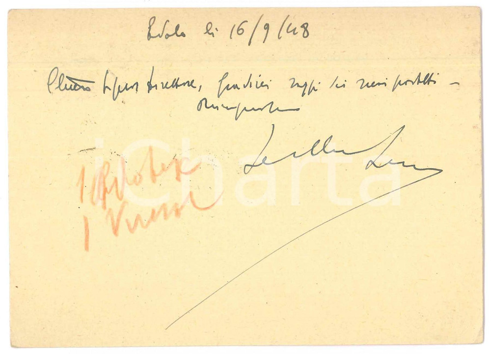 Autografo originale 1948 EDOLO BS Cartolina Mario DE LELLIS medico chirurgo Autografo 1