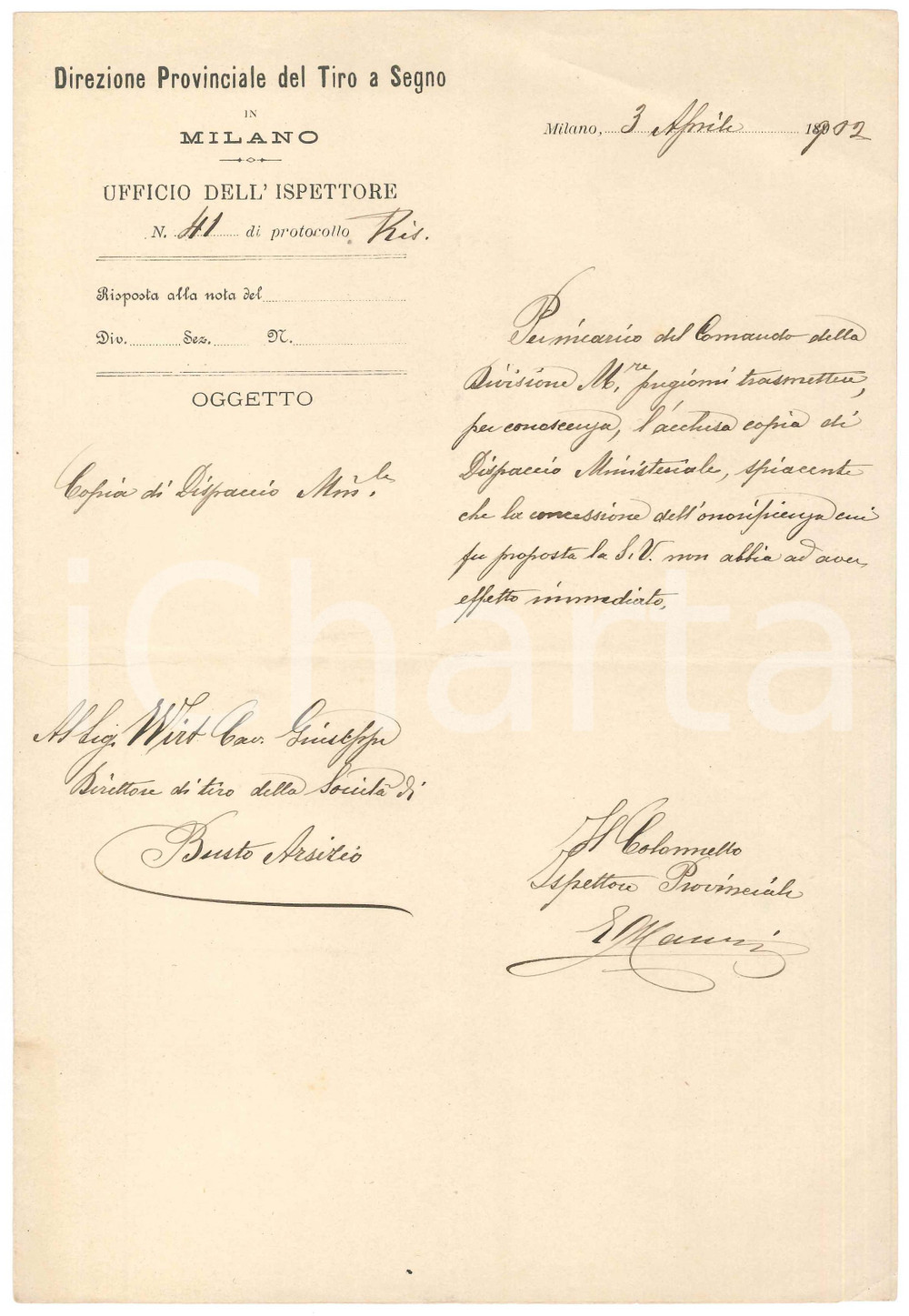 Documento originale, autentico 1902 BUSTO ARSIZIO Lettera a Giuseppe WIRTH direttore del TIRO A SEGNO 1