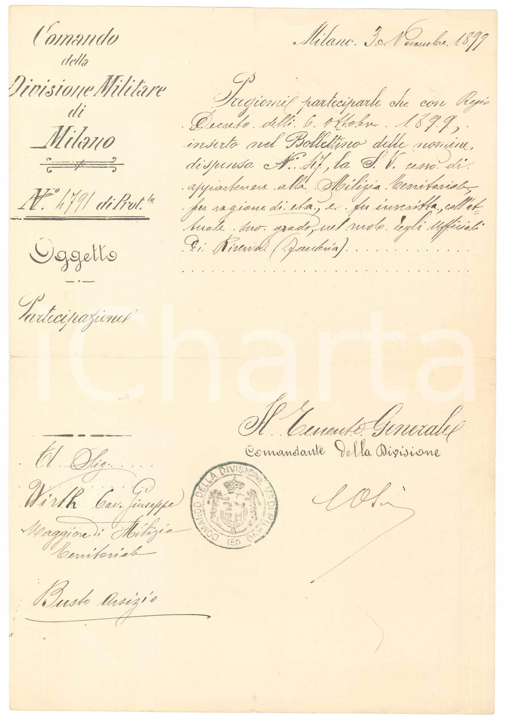 Documento originale, autentico 1899 MILANO Divisione Militare  Giuseppe WIRTH ufficiale di riserva fanteria 1