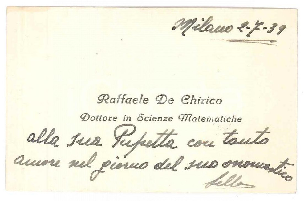 Oggetto da collezione cartaceo 1939 MILANO Raffaele DE CHIRICO Dottore scienze matematiche Biglietto da visita 1