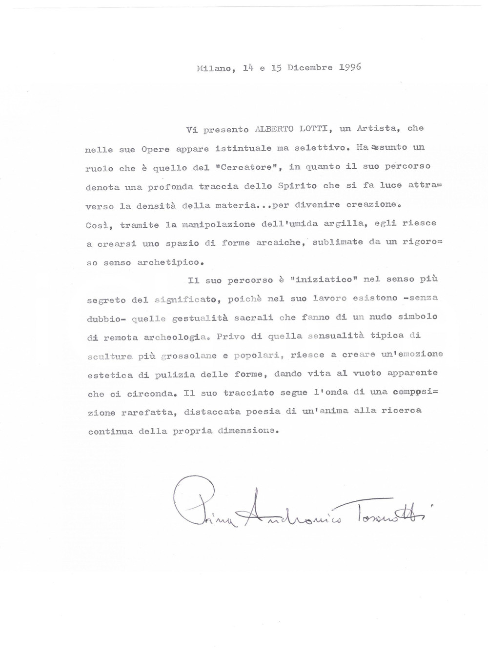 Autografo originale 1996 MILANO Lettera Pina ANDRONICO TOSONOTTI pro artista  AUTOGRAFO 1