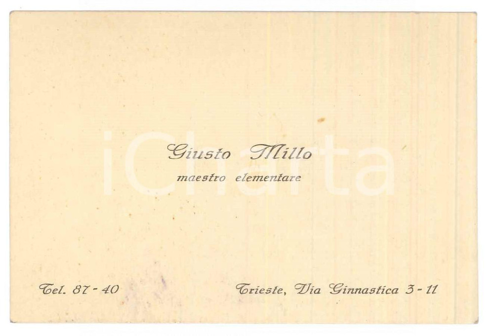 Oggetto da collezione cartaceo 1955 ca TRIESTE Via Ginnastica Giusto MILLO Maestro  Biglietto da visita 10x7 1