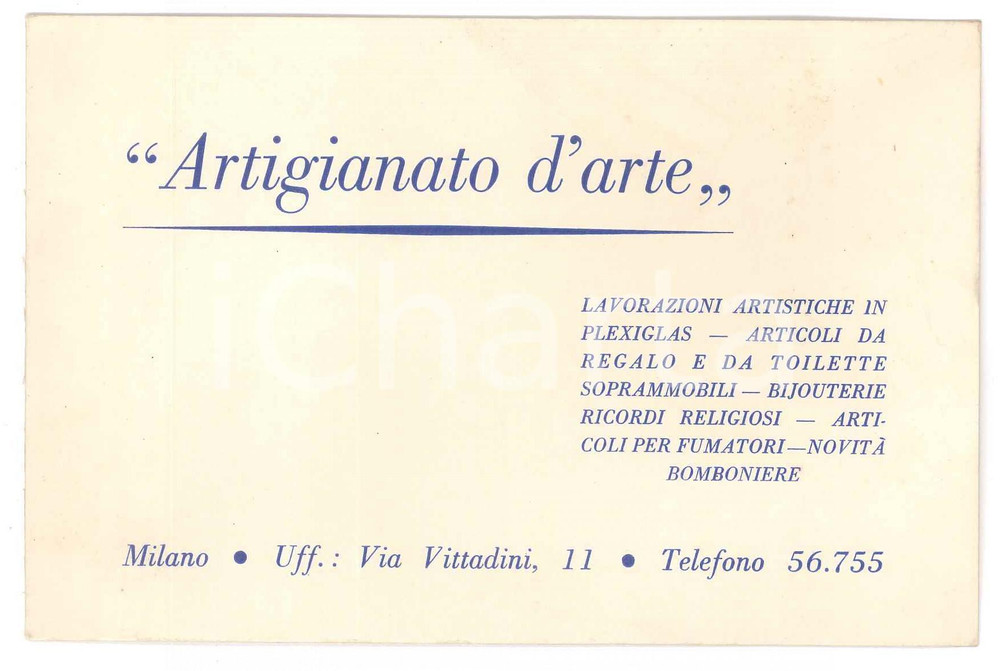 Oggetto da collezione cartaceo 1955 ca MILANO Via Vittadini ARTIGIANATO D ARTE Biglietto da visita 14x9 cm 1
