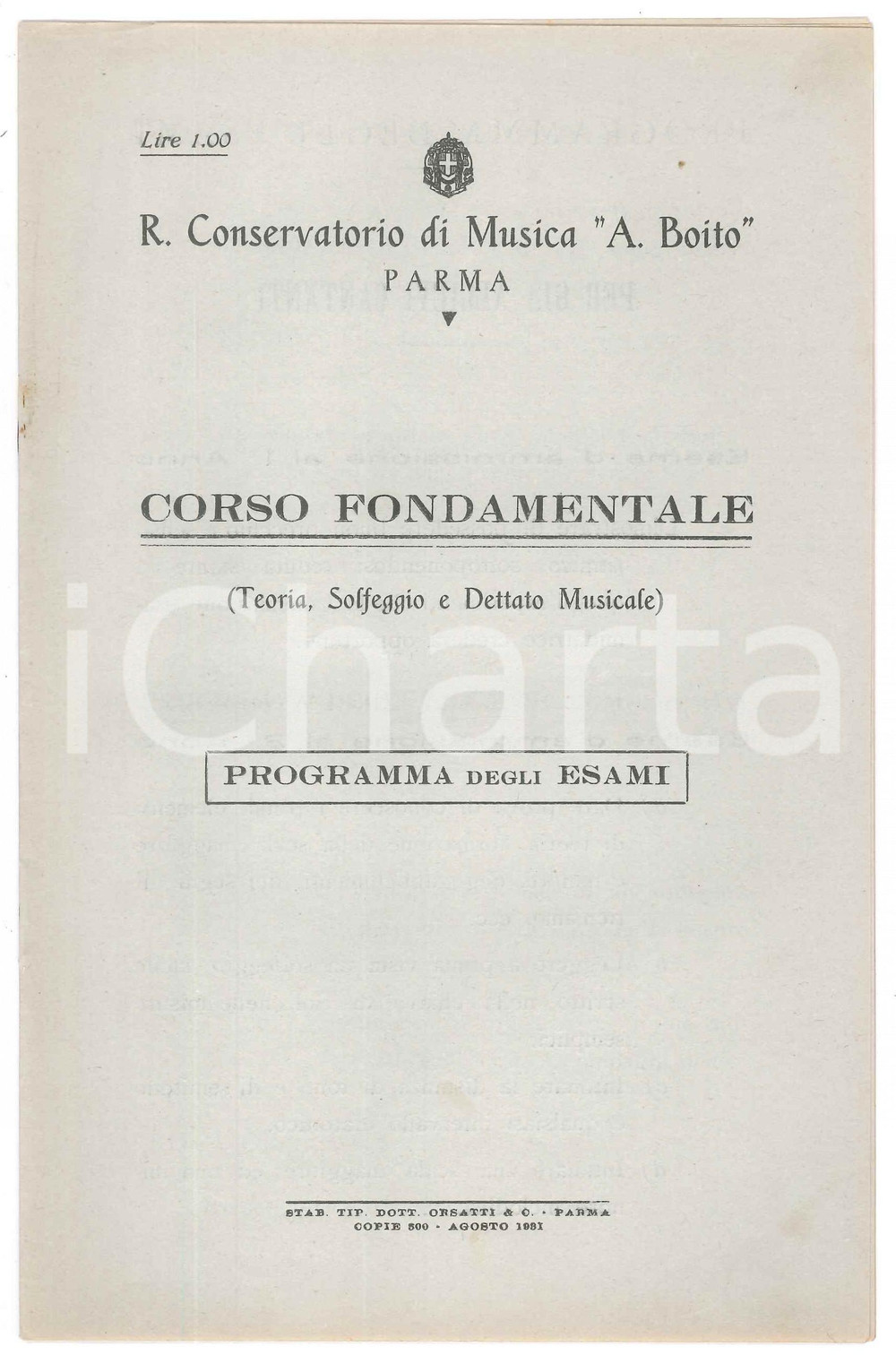 Documento originale, autentico 1931 PARMA Conservatorio A. BOITO  Programma esami corso fondamentale 1