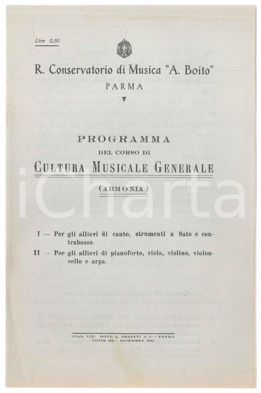 Documento originale, autentico 1931 PARMA Conservatorio A. BOITO  Programma corso cultura musicale generale 1
