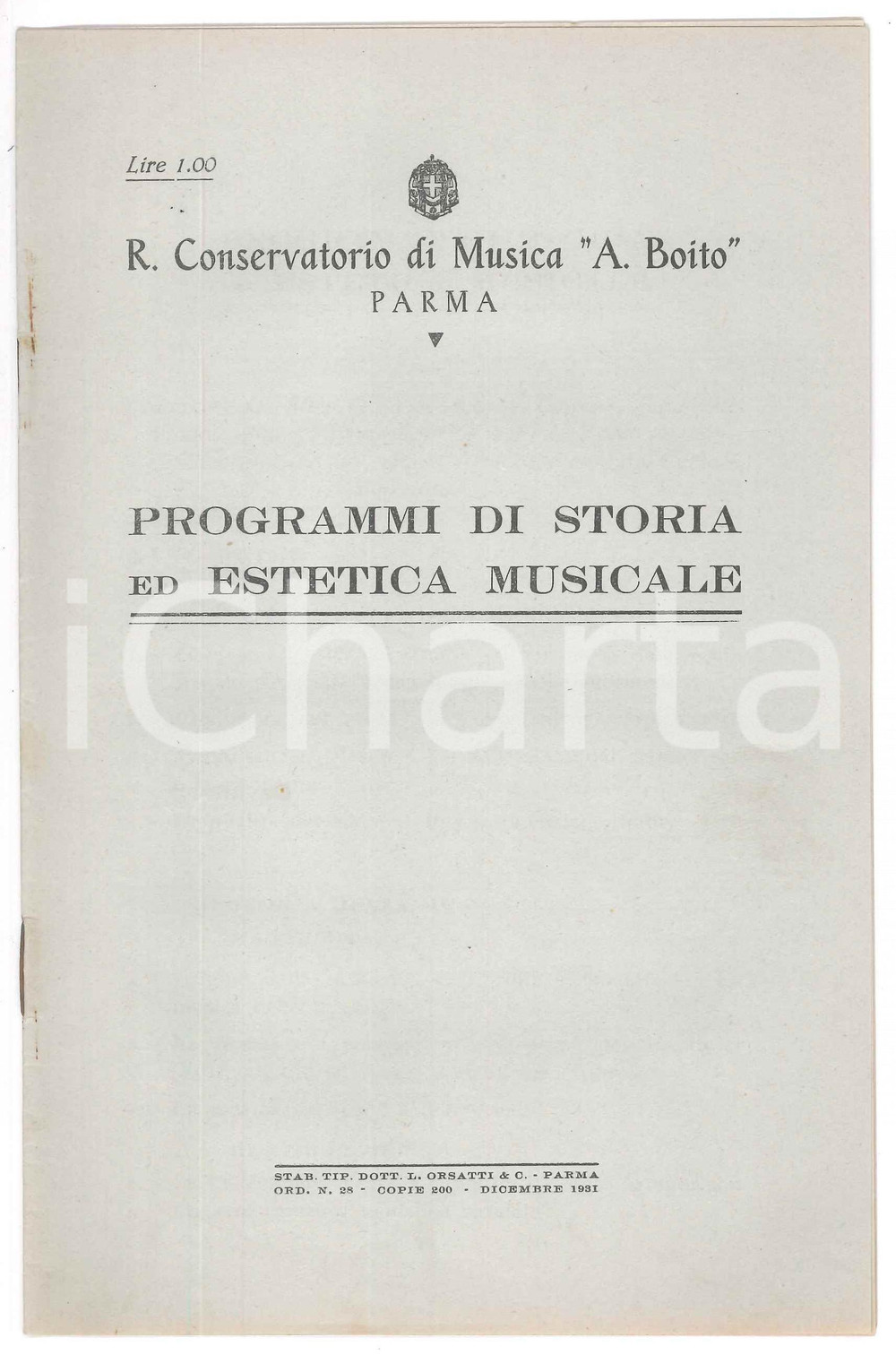 Documento originale, autentico 1931 PARMA Conservatorio A. BOITO  Programmi storia ed estetica musicale 1