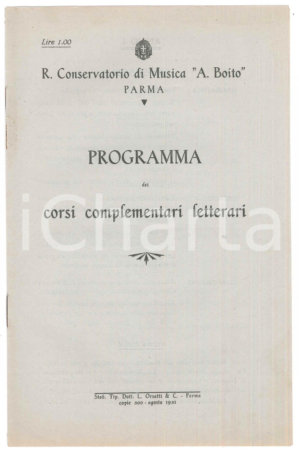 Documento originale, autentico 1931 PARMA Conservatorio A. BOITO  Programma corsi complementari letterari 1