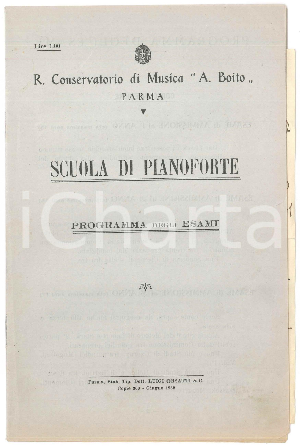 Documento originale, autentico 1931 PARMA Conservatorio A. BOITO  Programma esami scuola di pianoforte 1