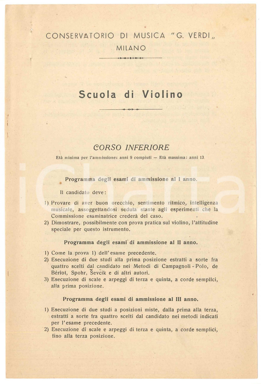 Documento originale, autentico 1930 ca MILANO Conservatorio G. VERDI  Programma esami scuola di violino 1