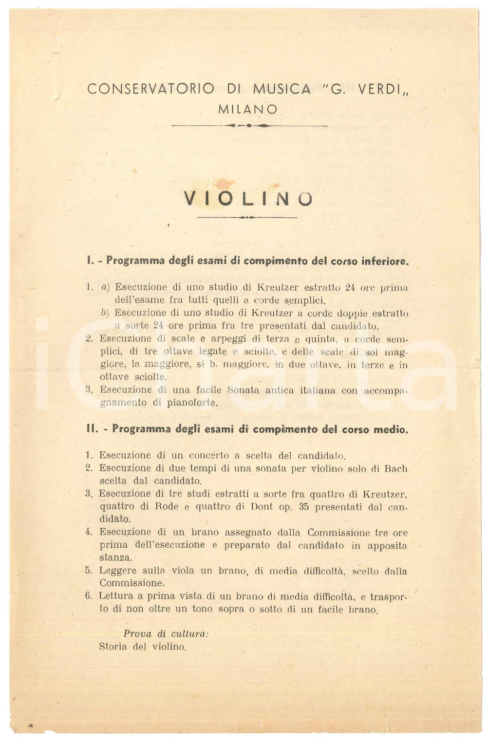 Documento originale, autentico 1930 ca MILANO Conservatorio G. VERDI  Programma esami corso di violino 1