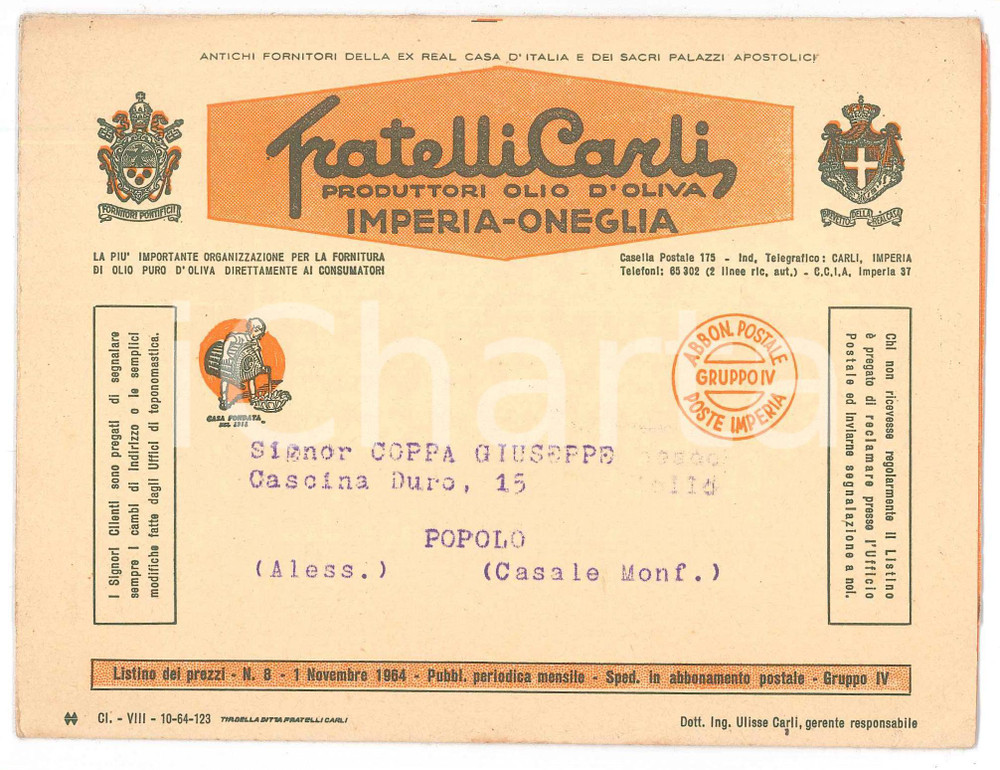 Materiale pubblicitario d’epoca Novembre 1964 IMPERIA ONEGLIA Fratelli CARLI olio d oliva Listino prezzi 1