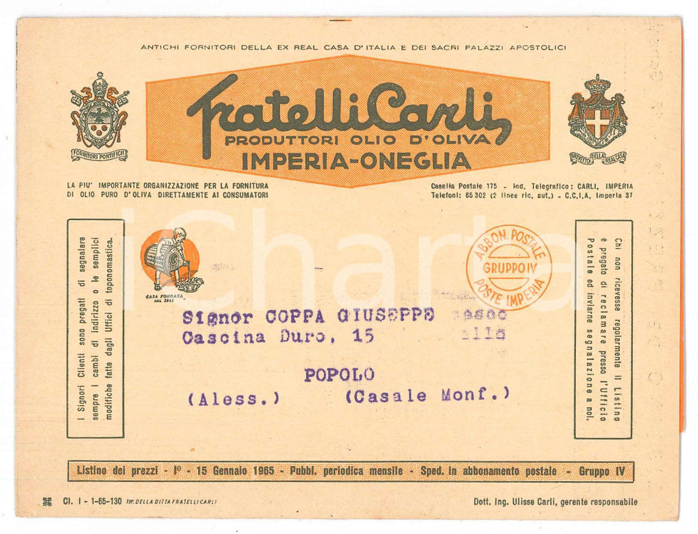 Materiale pubblicitario d’epoca Gennaio 1965 IMPERIA ONEGLIA Fratelli CARLI olio d oliva Listino prezzi 1
