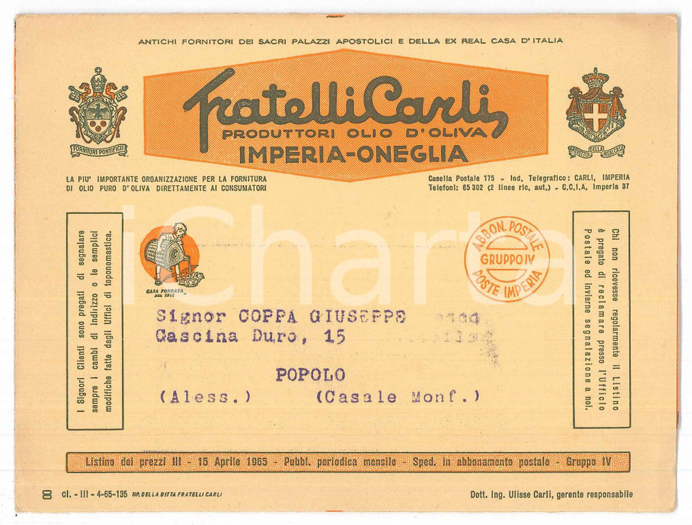 Materiale pubblicitario d’epoca Aprile 1965 IMPERIA ONEGLIA Fratelli CARLI olio d oliva Listino prezzi 1