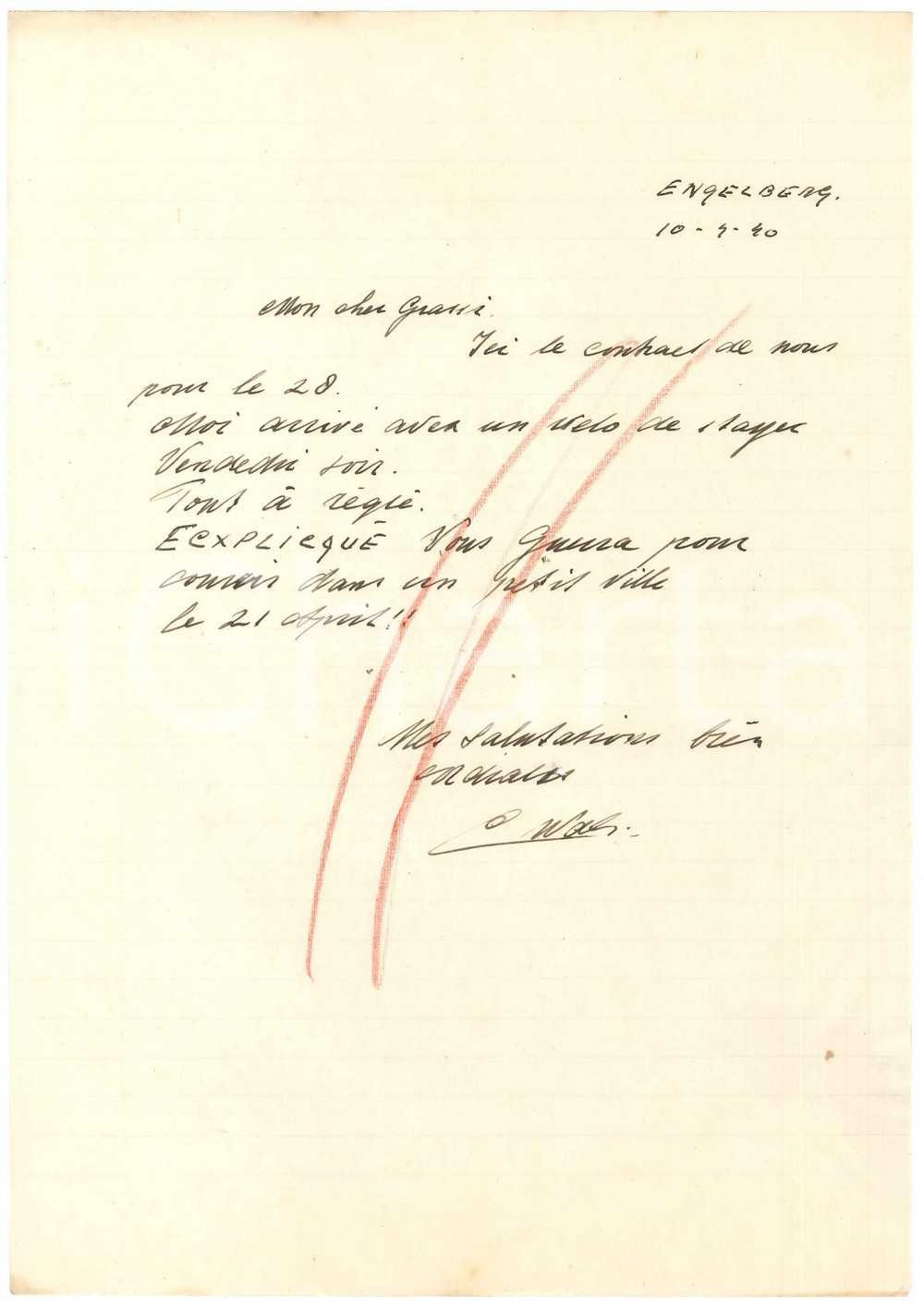 Autografo originale 1940 CICLISMO ENGELBERG Lettera Cor WALS per invio contratto  AUTOGRAFO 1