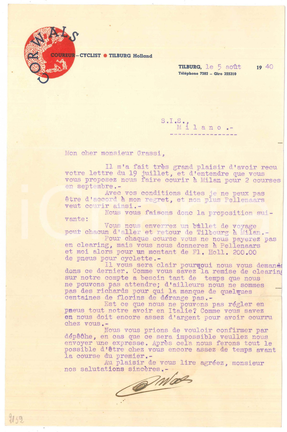 Autografo originale 1940 CICLISMO TILBURG Cor WALS su ingaggi per gare a Milano AUTOGRAFO 1