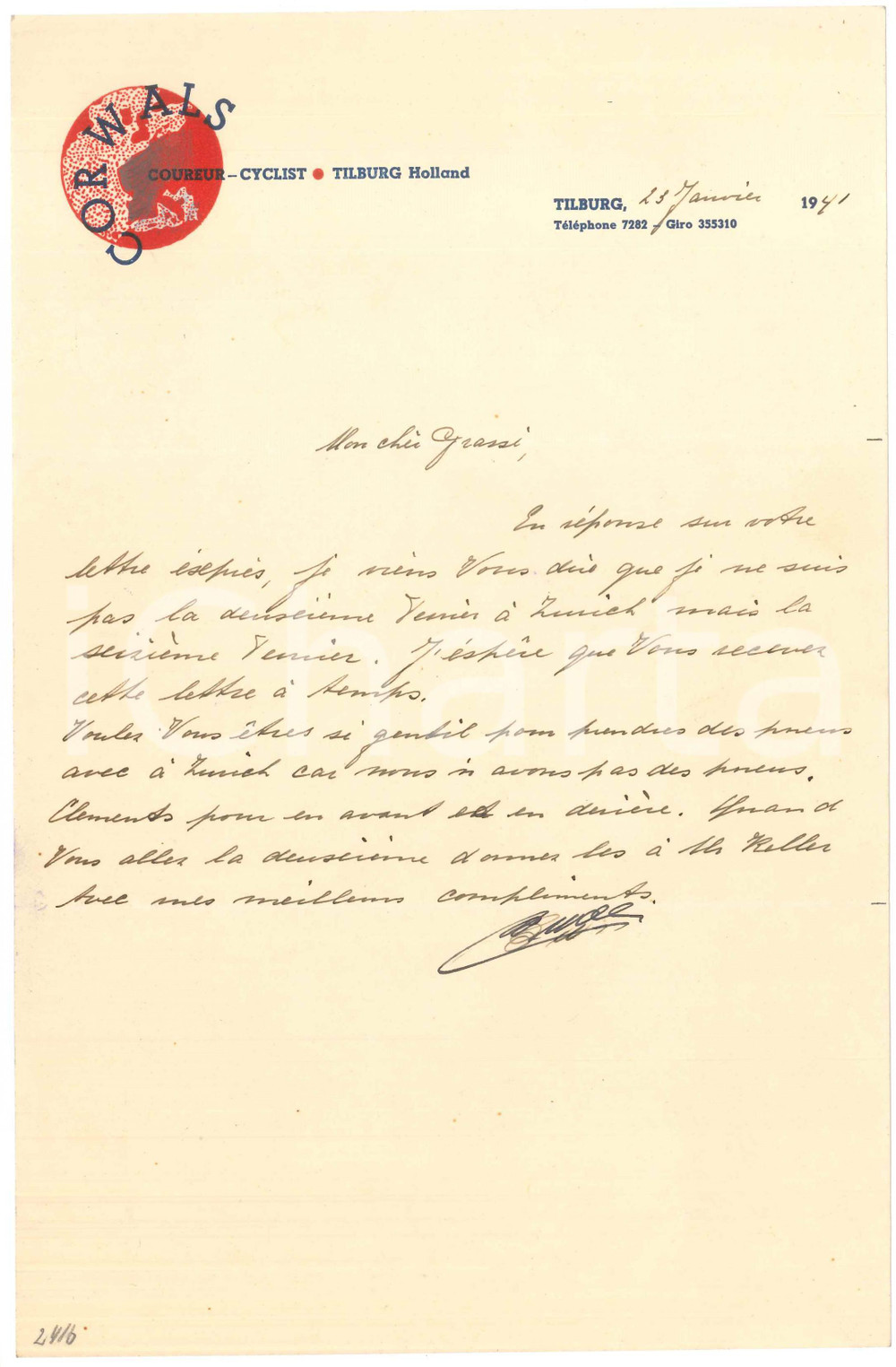 Autografo originale 1941 CICLISMO TILBURG Lettera Cor WALS su gara a Zurigo AUTOGRAFO 1