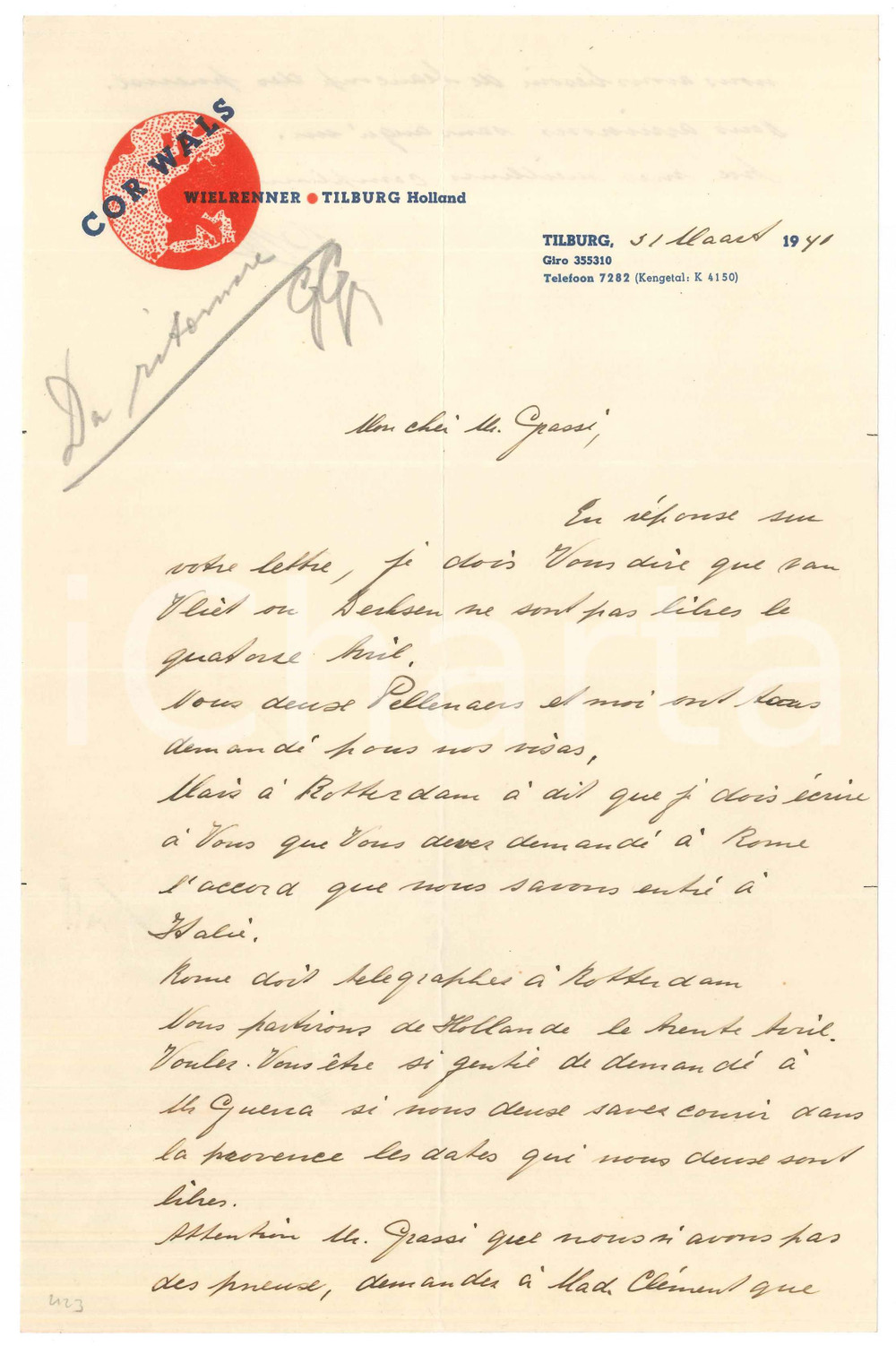 Autografo originale 1941 CICLISMO TILBURG Lettera Cor WALS su possibili gare in Italia  AUTOGRAFO 1