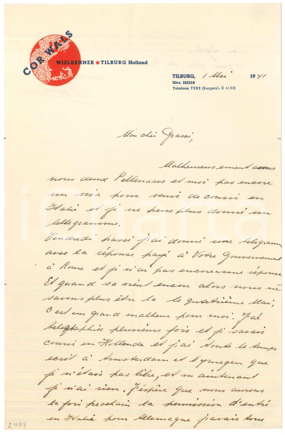 Autografo originale 1941 CICLISMO TILBURG Lettera Cor WALS su possibili gare in Italia AUTOGRAFO 1