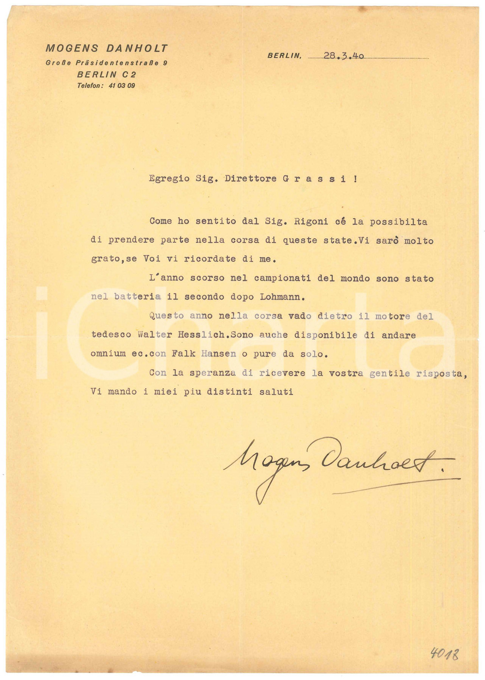 Autografo originale 1940 CICLISMO BERLIN Mogens DANHOLT desidera gara in estate AUTOGRAFO 1