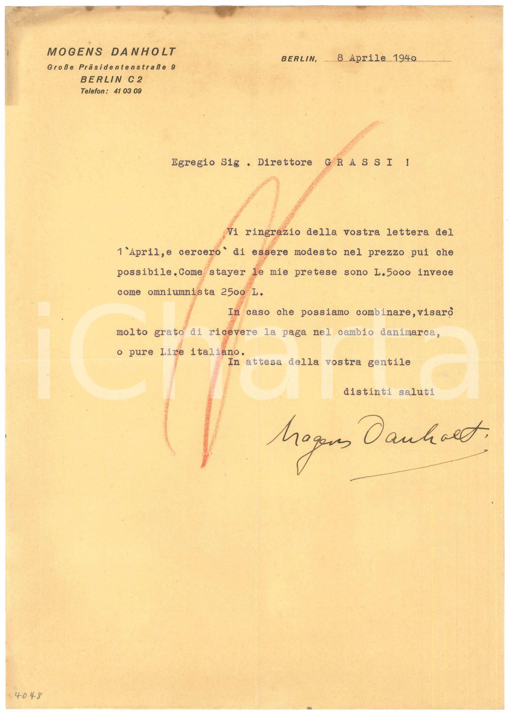 Autografo originale 1940 CICLISMO BERLIN Lettera Mogens DANHOLT per tariffario gara AUTOGRAFO 1