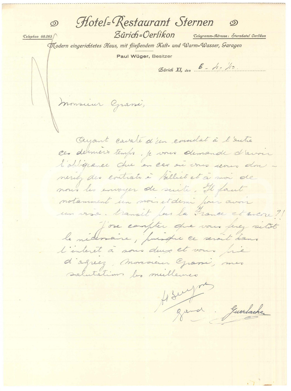 1940 CICLISMO ZURICH Hotel STERNEN - Lettera Albert BUYSSE Guillaume GUERLACHE
