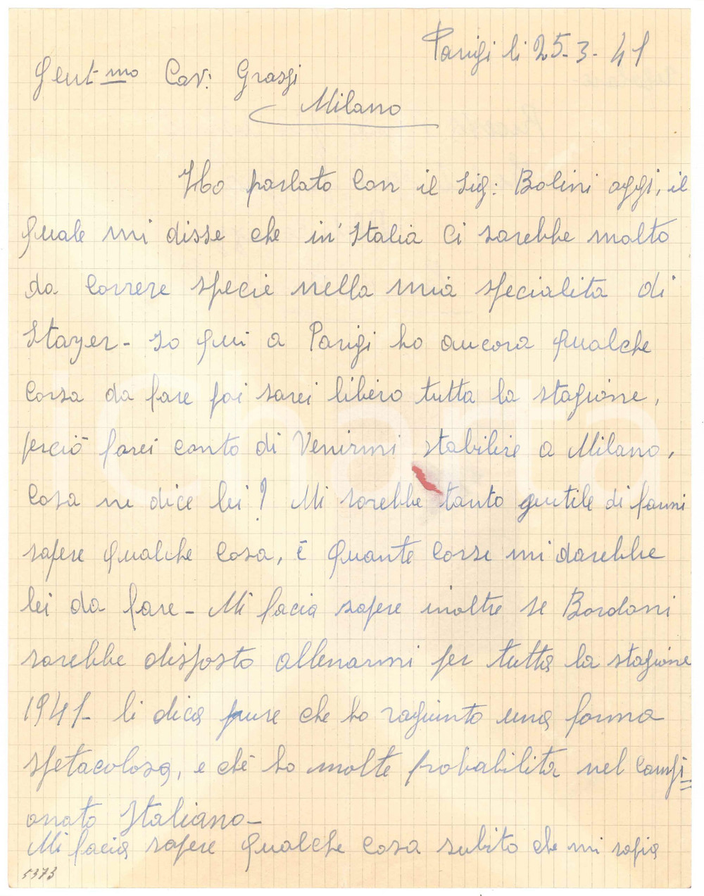 Autografo originale 1941 CICLISMO PARIGI Lettera Aldo CANAZZA per nuove gare a Milano  AUTOGRAFO 1