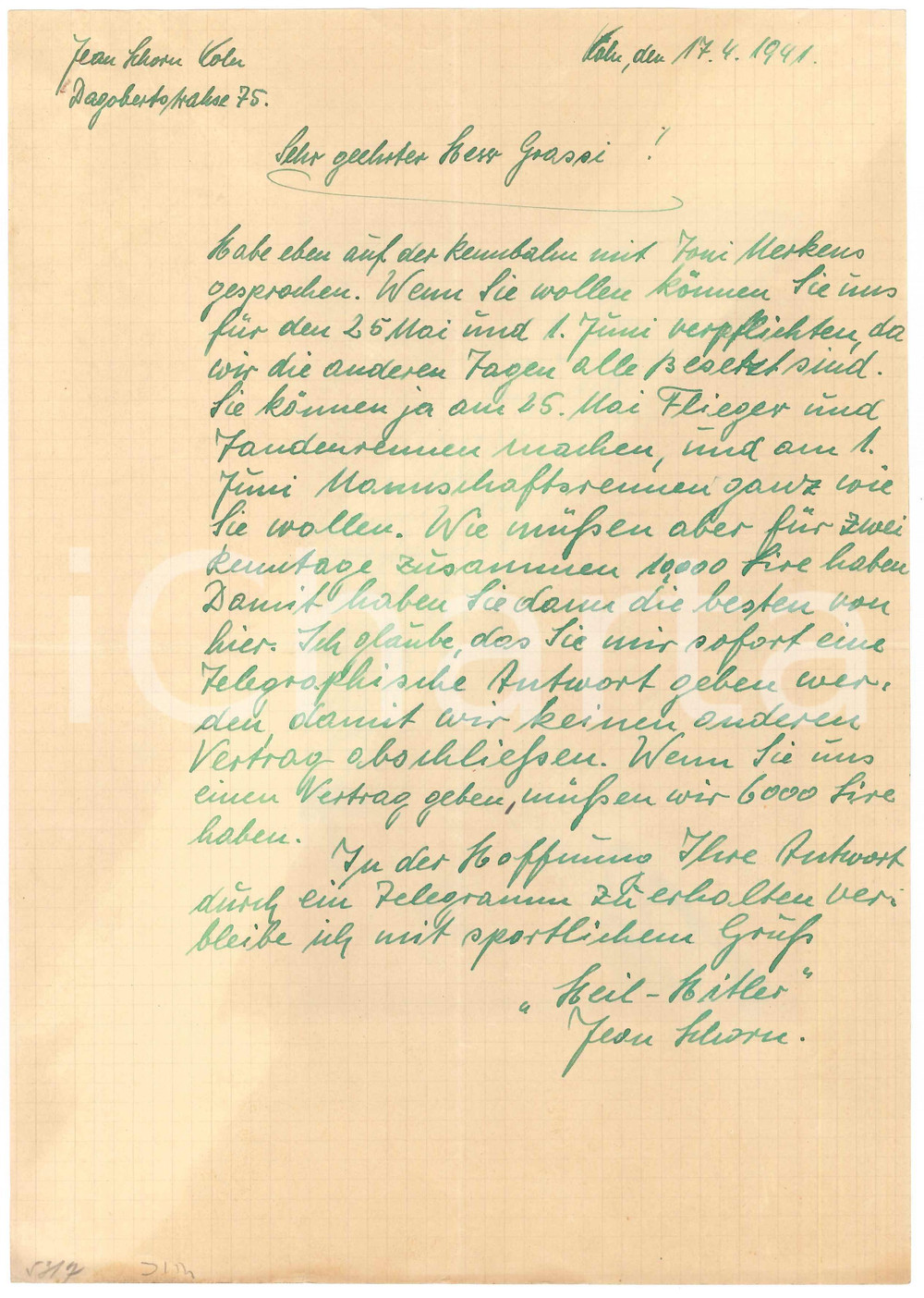 Autografo originale 1941 CICLISMO KOELN Lettera Jean SCHORN per un ingaggio  AUTOGRAFO 1