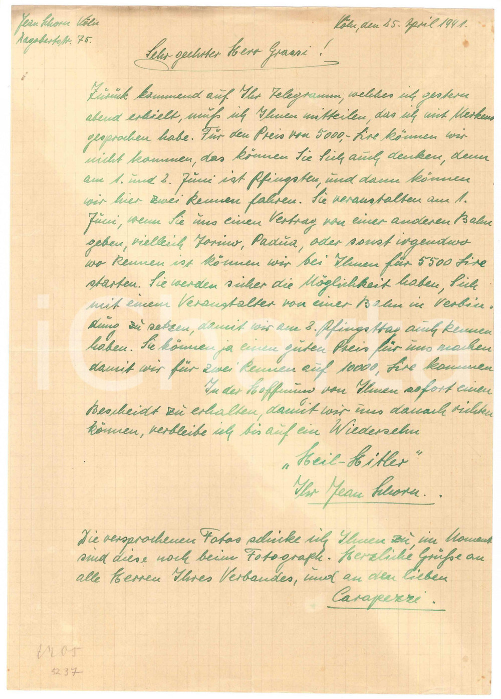 Autografo originale 1941 CICLISMO KOELN Lettera Jean SCHORN per un ingaggio AUTOGRAFO 1