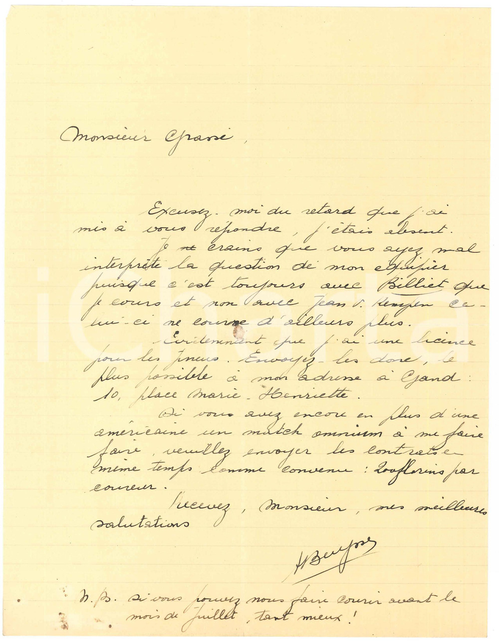 Autografo originale 1940 ca CICLISMO GAND Albert BUYSSE gareggia con Albert  BILLIET  AUTOGRAFO 1