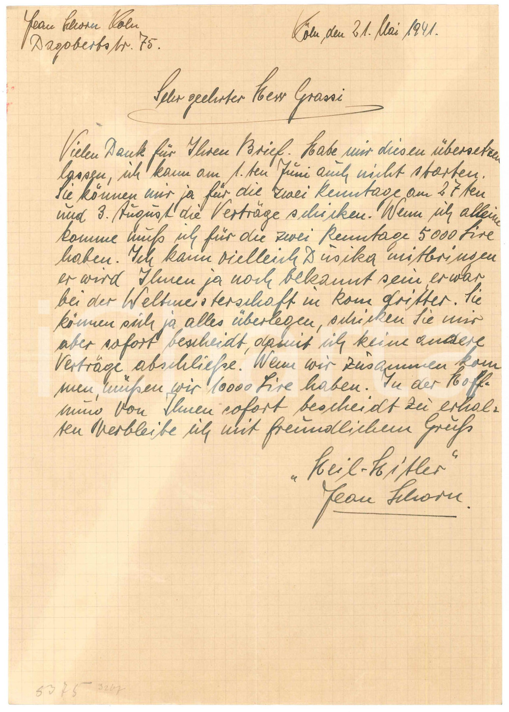 Autografo originale 1941 CICLISMO KOELN Lettera Jean SCHORN per ingaggio in Italia  AUTOGRAFO 1