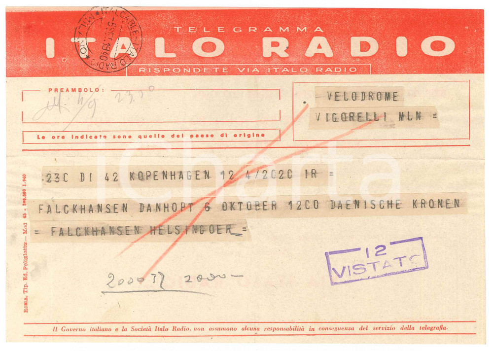 Documento originale, autentico 1940 CICLISMO COPENHAGEN Telegramma Willy FALCK HANSEN per gara in Italia 1