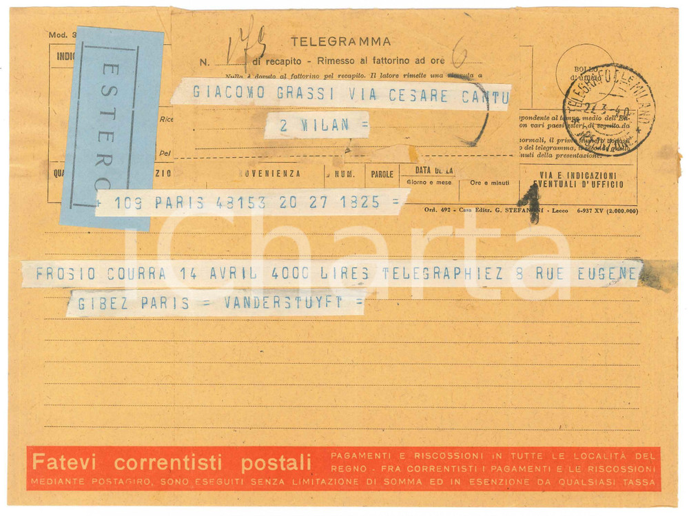 Documento originale, autentico 1940 CICLISMO PARIS Telegramma VAN DER STUYFT per gara Elia FROSIO 1