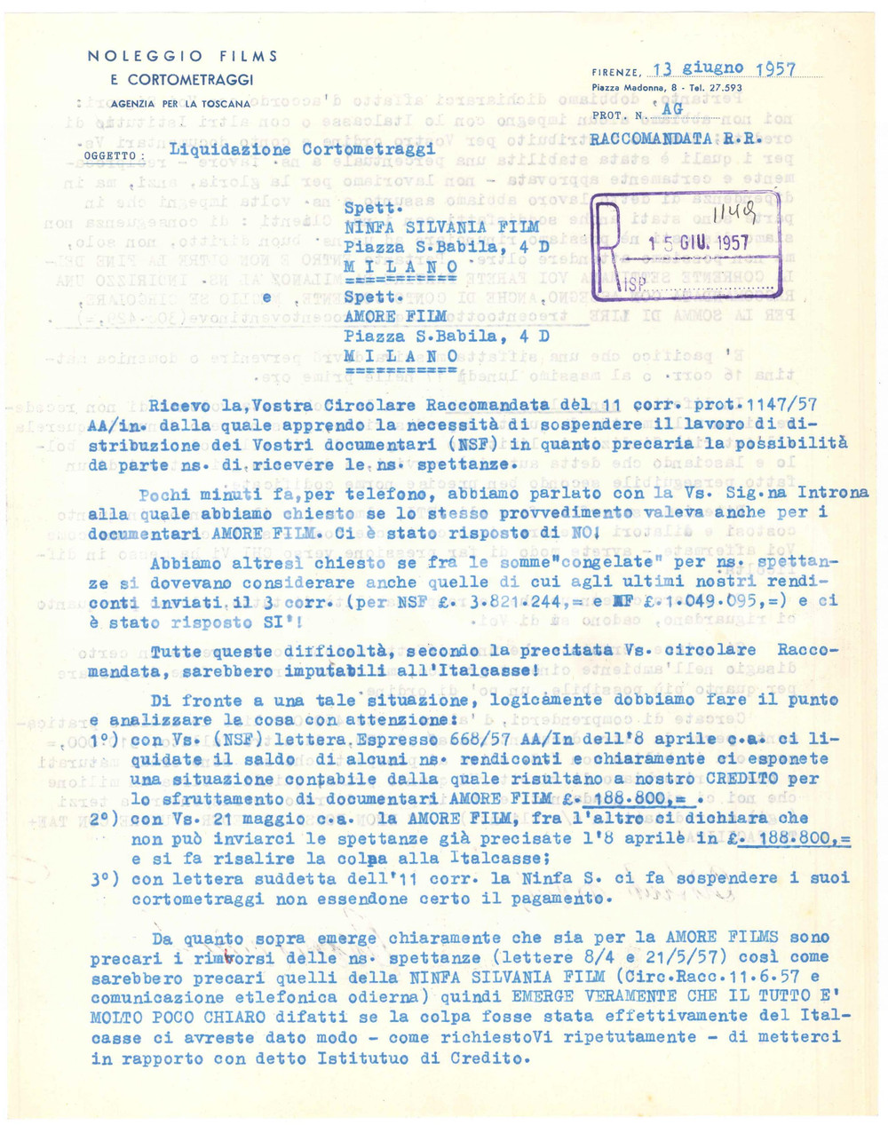 Documento originale, autentico 1957 FIRENZE  Noleggio Films  Lettera agenzia per documentari AMORE FILMS 1