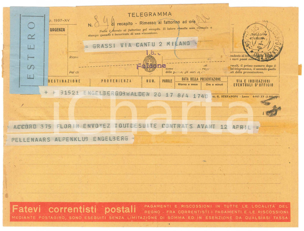 Documento originale, autentico 1940 CICLISMO ENGELBERG Telegramma Kees PELLENAARS  Accordo per una gara 1