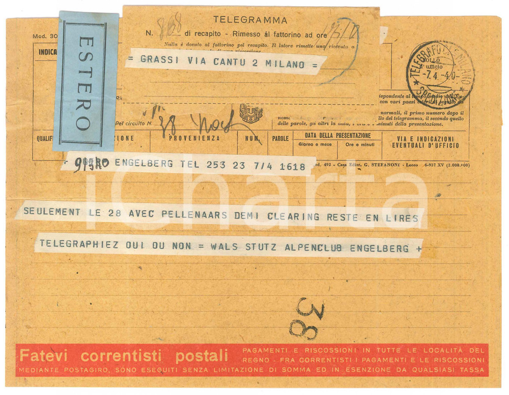 Documento originale, autentico 1940 CICLISMO ENGELBERG Telegramma Cor WALS Werner STUTZ per una gara 1