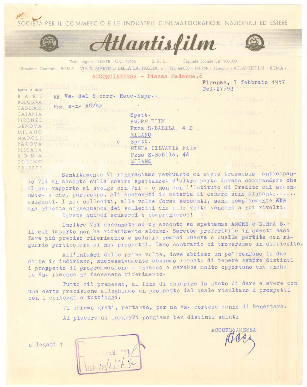 Documento originale, autentico 1957 FIRENZE  CINEMA  ATLANTIS FILM  Lettera per acconto su cortometraggi 1