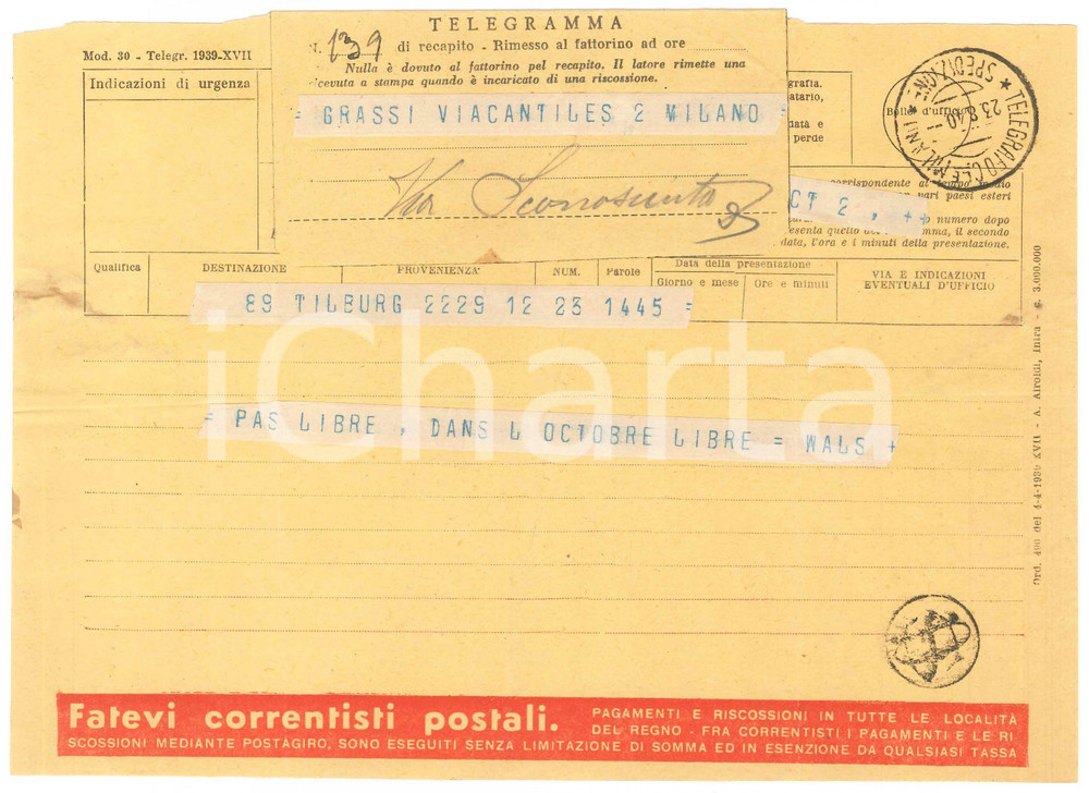 Documento originale, autentico 1940 CICLISMO TILBURG Telegramma Cor WALS libero a ottobre per gare 1