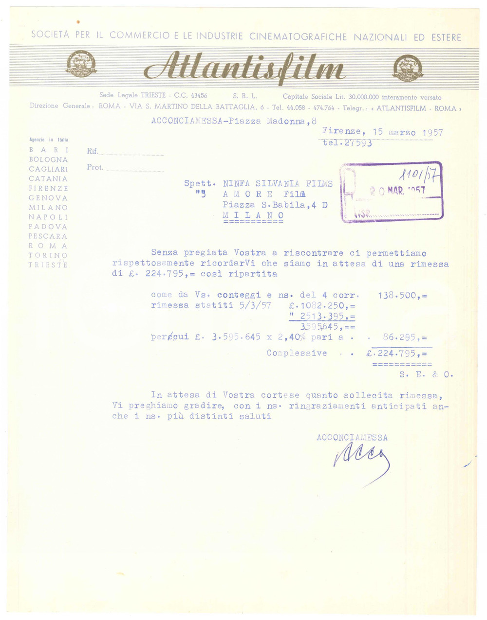 Documento originale, autentico 1957 FIRENZE  CINEMA  ATLANTIS FILM  Lettera per richiesta di saldo 1