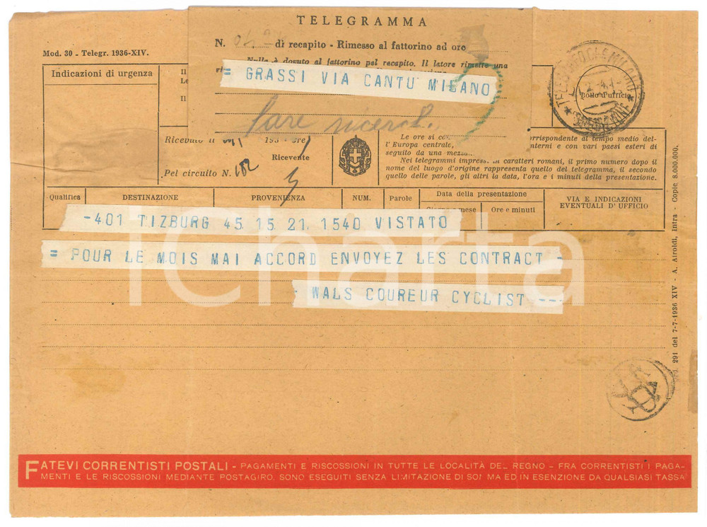 1941 CICLISMO TILBURG Telegramma Cor WALS disponibile a maggio per gare